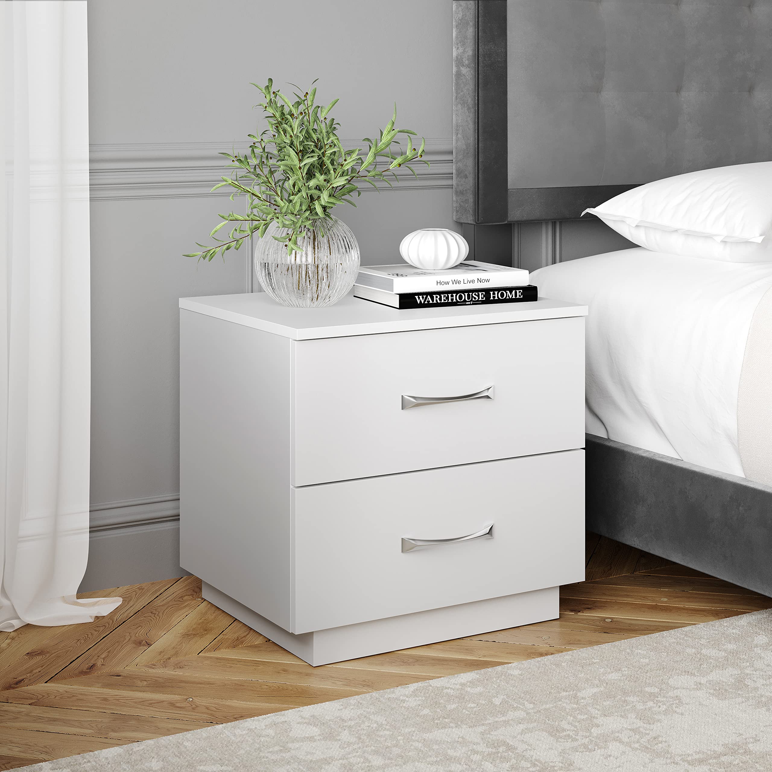 Boyd Sleep Bedroom Nightstand Bedside Table: Hamilton Two Drawer Storage with Pedestal Base, White